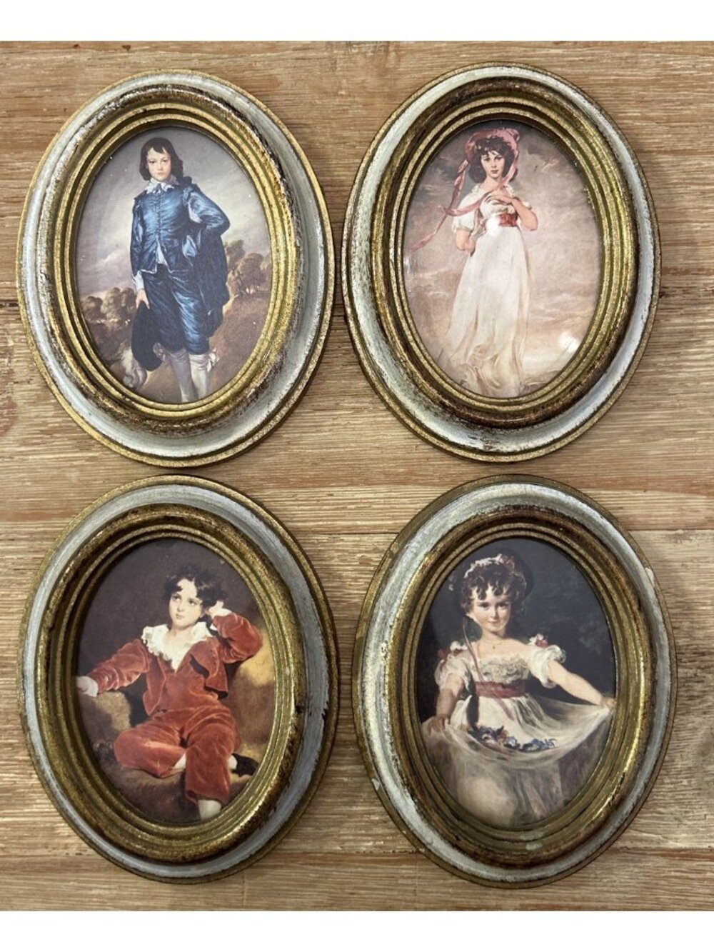 Set Of 4 Mini Art Prints Oval Glass Gilt Faux Wood Plastic Frames Made In Italy